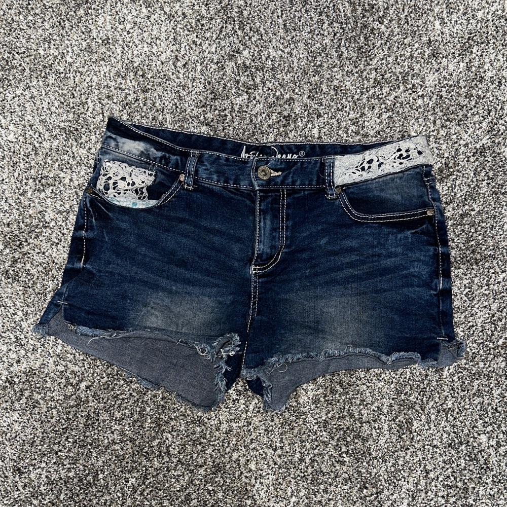 Ariya Dark Blue Distressed Jean Shorts with Lace Accents